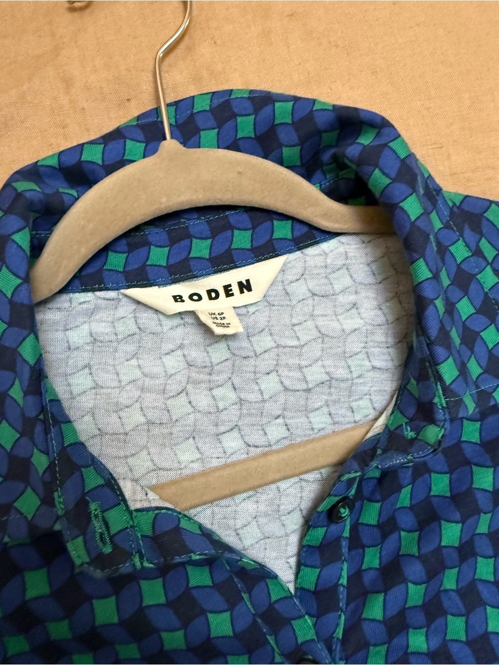 Boden cotton blend Blue & Green Geometric Shirt Dress with Tie Waist - Picture 7 of 10